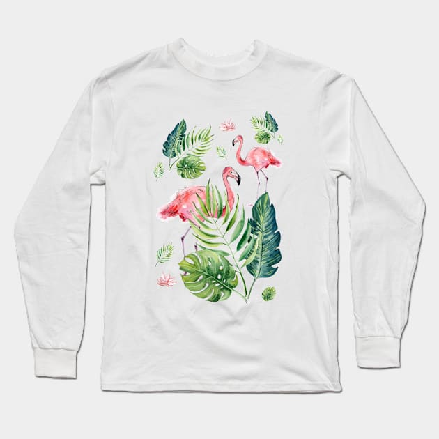 Elegant Pink Flamingo Tropical Leaves Pattern Long Sleeve T-Shirt by in_pictures